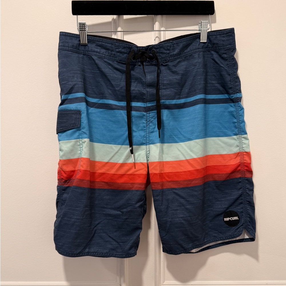 Rip Curl Men's Size 34 Board Shorts Navy Blue Striped Swim Trunks Surf Beachwear